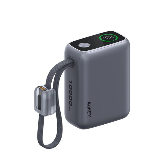 AUKEY Swivel Det-Duo 10,000mAh 45W Power Bank with Dual Detachable USB-C Cables, Grey