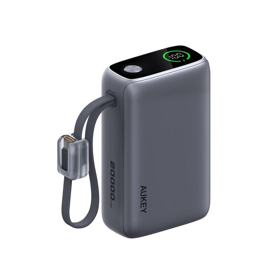 AUKEY Swivel Det-Duo 20,000mAh 65W Power Bank with Dual Built-in USB-C Cables, Grey
